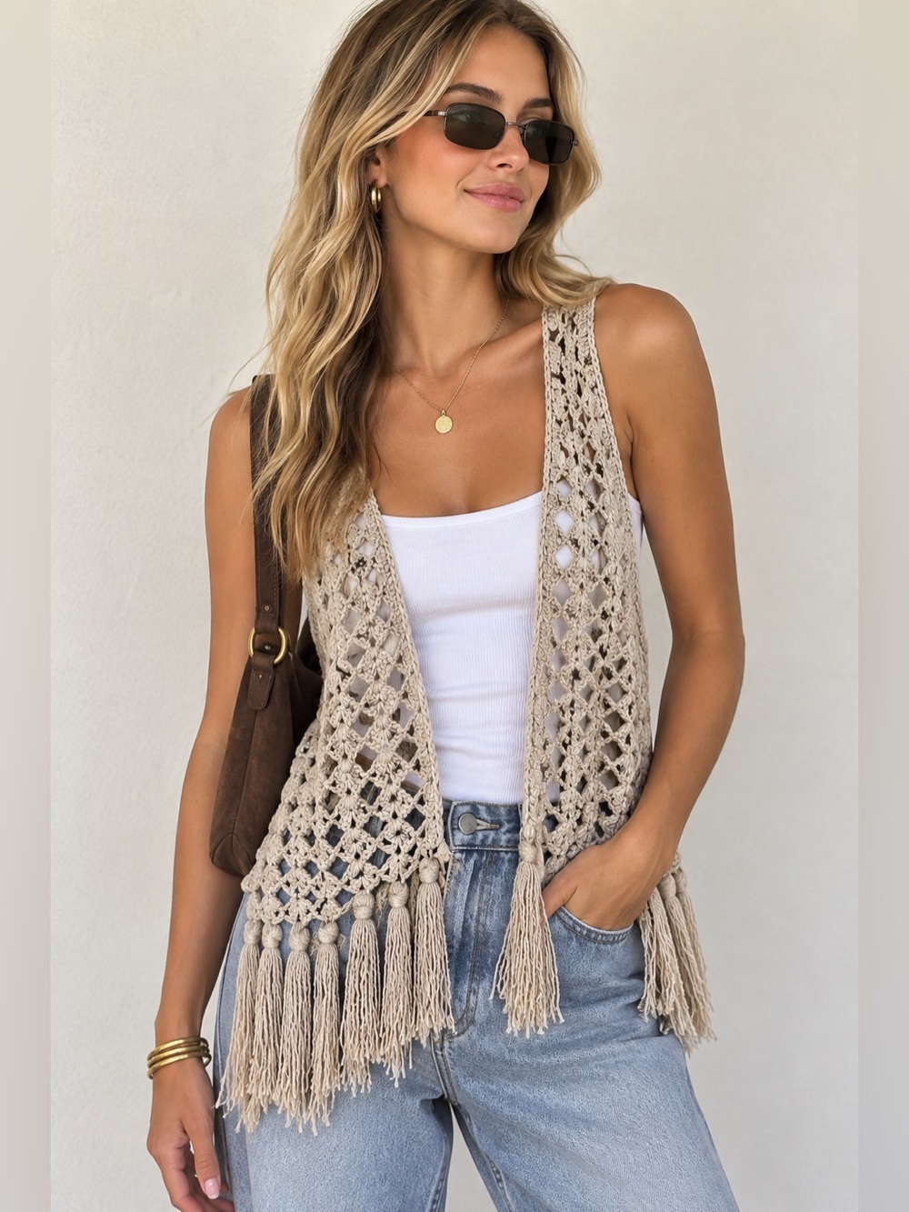 Vintage Abercrombie & Fitch Y2K Crochet Knit Vest Boho Fringe Open Front Hippie